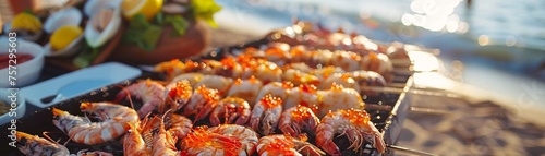 A festive seafood barbecue on the beach with salmon roe and sweet shrimp photo
