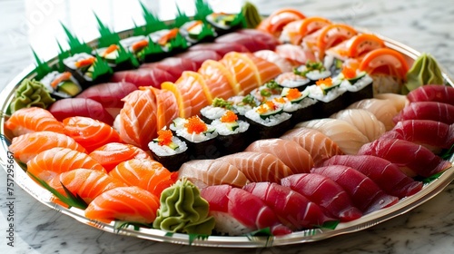 A luxurious sushi platter featuring glistening tuna vibrant salmon