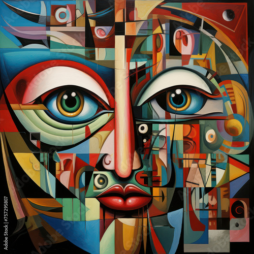 Abstract drawing of eyes, nose, mouth in a fairy-tale composition