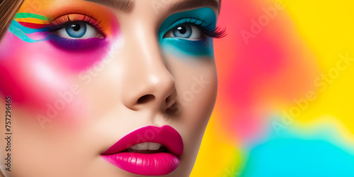 A woman with colorful makeup on her face. The colors are bright and vibrant  giving the impression of a fun and energetic mood