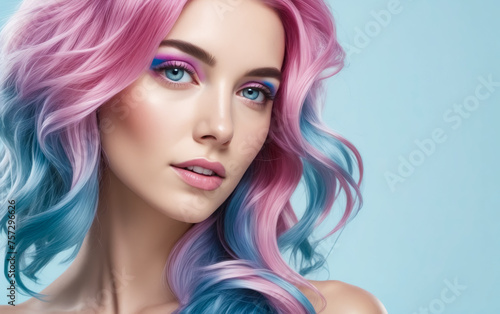 A woman with pink, blue, and purple hair is smiling. She has blue eyes and pink lips