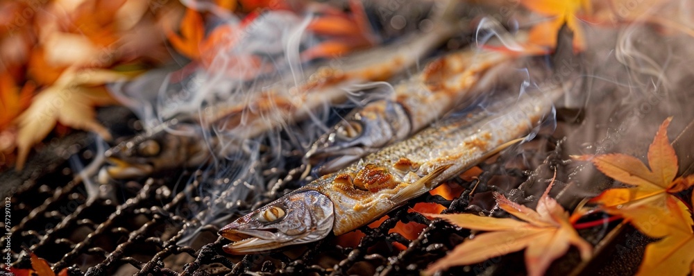 Pacific saury smoking on a grill surrounded by autumn leaves