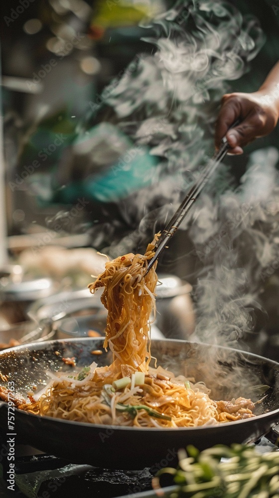 Street food scene featuring Pad Thai being skillfully tossed in a hot wok