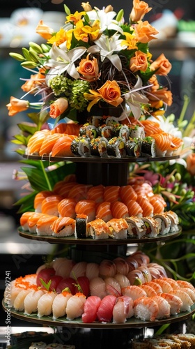 Spectacular sushi display with a towering arrangement of seafood varieties