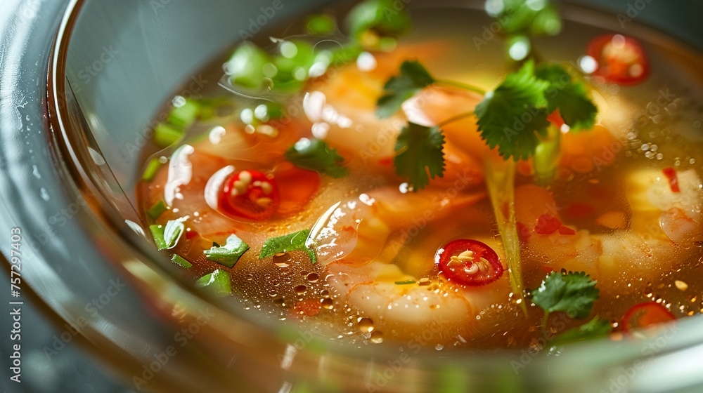 Underwater Tom Yum Goong ingredients floating elegantly in a clear Underwater Tom Yum Goong ingredients floating elegantly in a clear