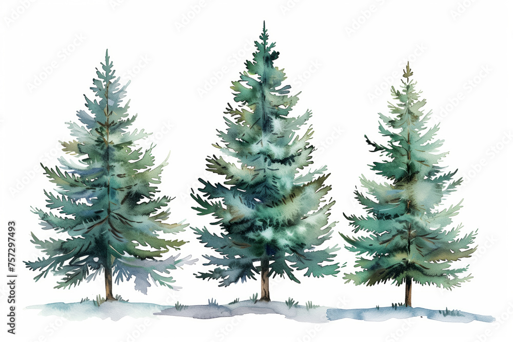 Watercolor pine trees isolated on white background
