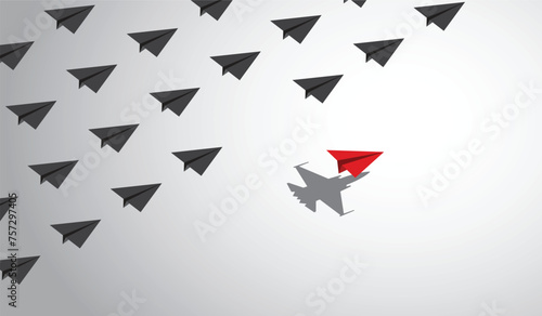 A red paper airplane with a fighter jet shadow changes course from a group of other paper airplanes, a concept of different business and social behaviors. Vector illustration. photo