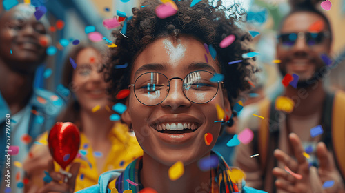 Young Woman Celebrating at a Colorful Confetti Party