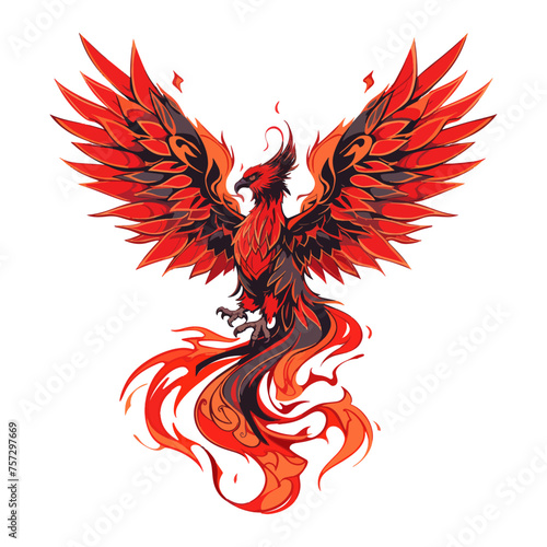 Majestic fire Phoenix bird character design. Modern vector illustration, mythological creature. To print t-shirts, stickers, clip art, mascots. Isolated on white background.