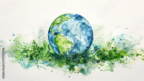 Watercolor rendition of green Earth for Environment Day, watercolor, white background 