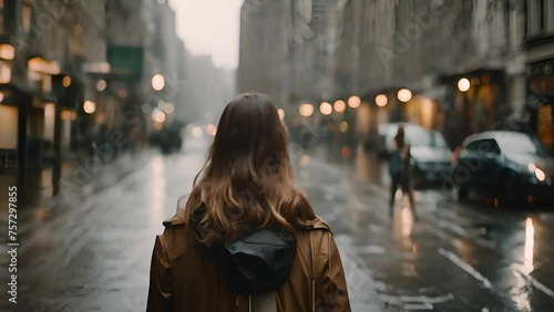 woman walking in the city, back view photo
