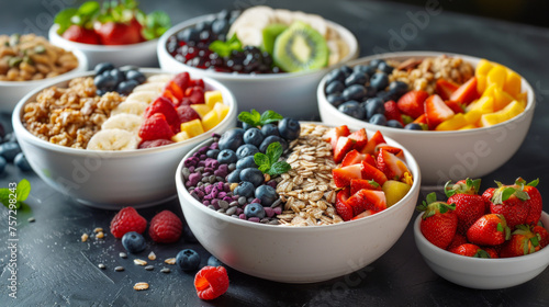 Wholesome bowls of granola with diverse toppings like strawberries  kiwis  bananas  and assorted berries