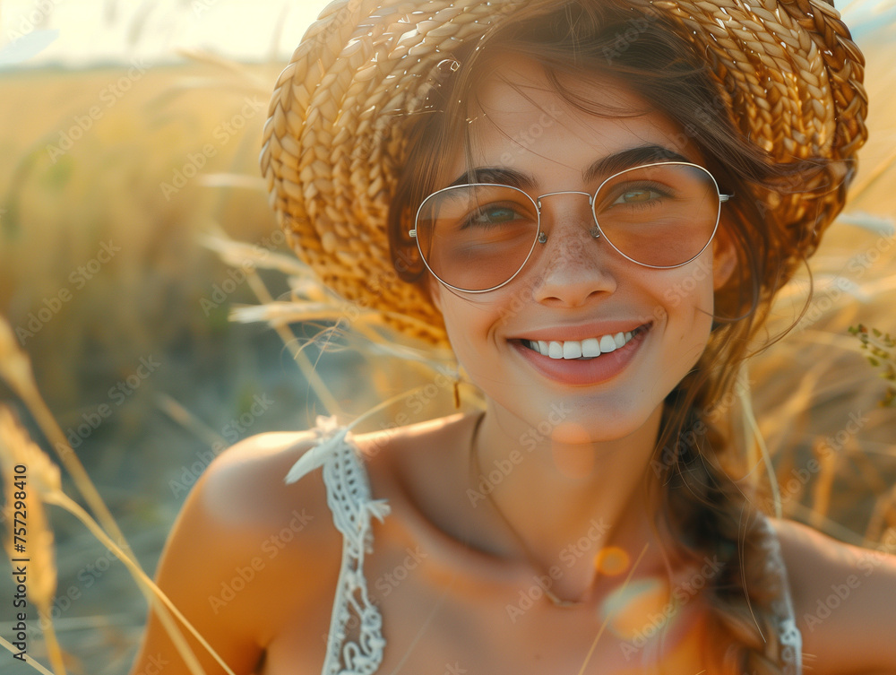 portrait of smiling woman in sunglasses outdoors, ai