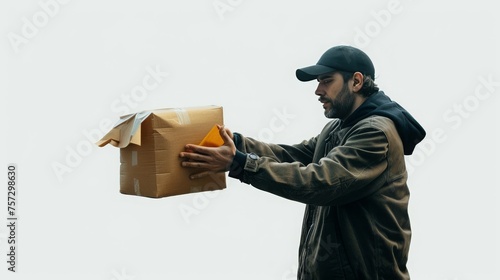 an individual receiving a suspicious package isolated on white background, copy space, 16:9 photo
