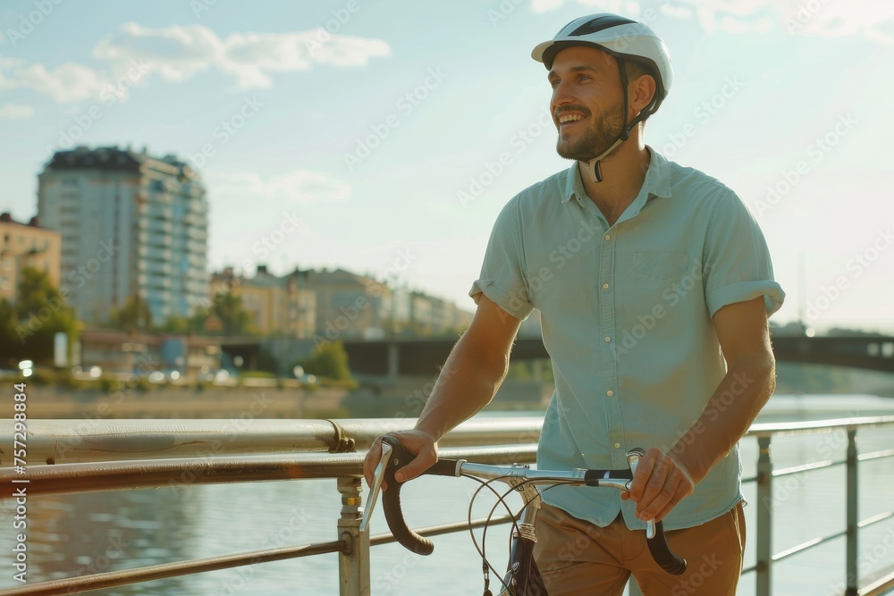 Happy man walking with bicycle near railing on sunny day. Urban lifestyle concept.