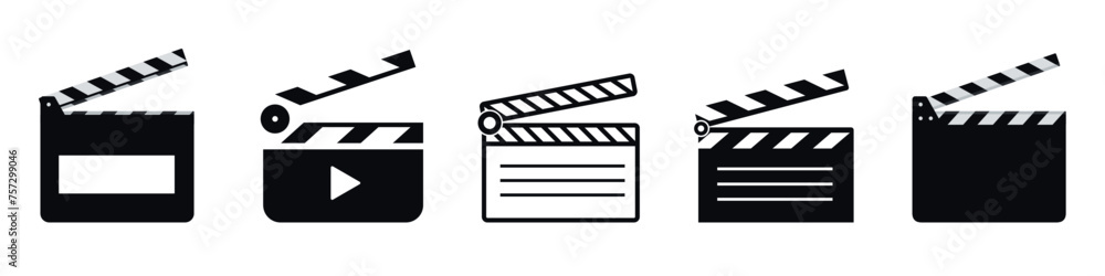 Opened Movie Film Clap Board Icon Set Closeup Isolated on Transparent Background.