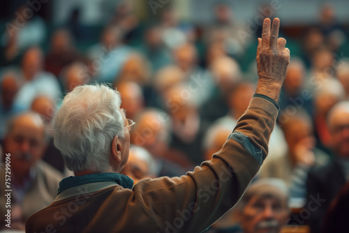 senior man with hand up to talk at local town hall meeting, from back view photo