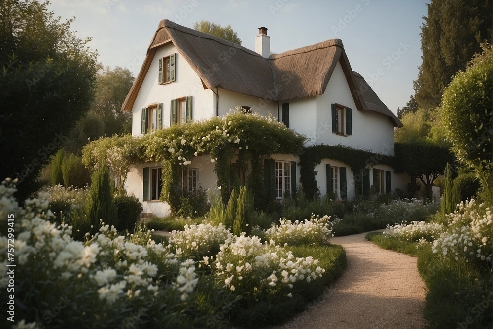 Cozy White House in a Green Blooming Garden.