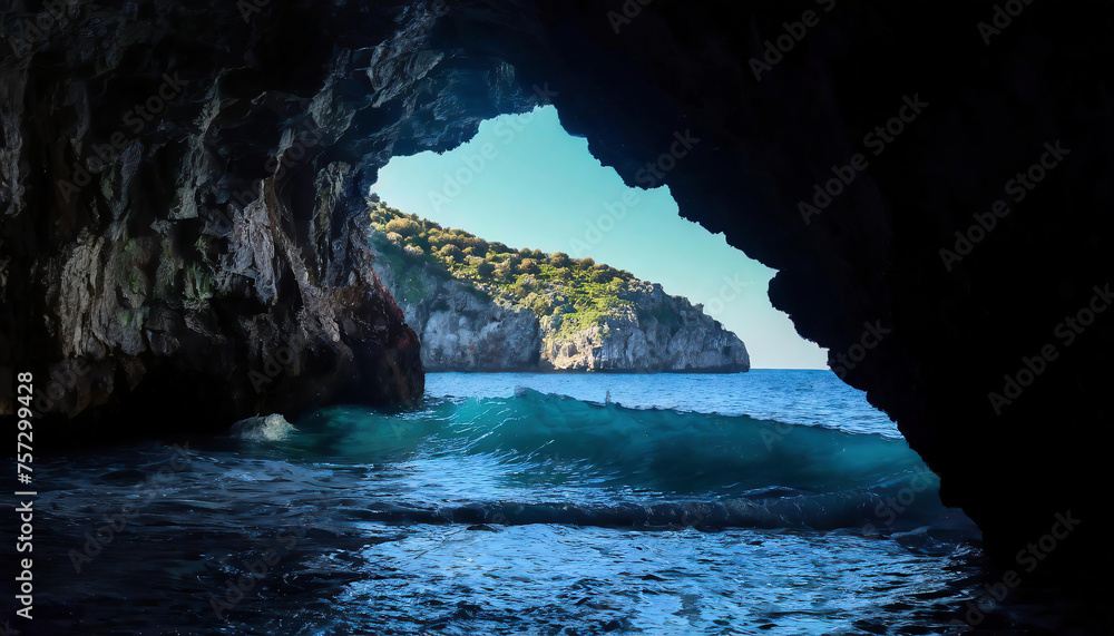 Beautiful seascape with blue sea and big wave in the cave	
