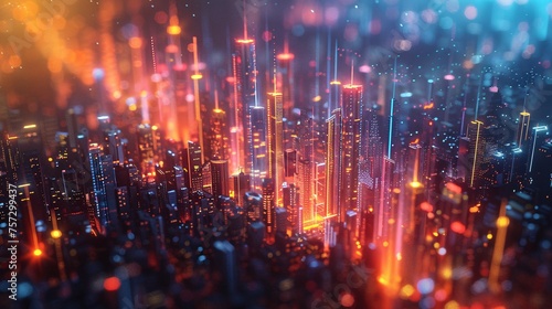 cinematic photography of city with sound colored waves in the technology future.