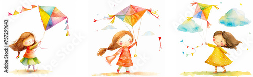 illustration clipart of a cheerful little girl with rosy cheeks and a big smile holding a colorful kite high in the sky.