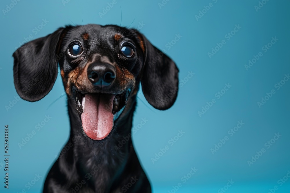 Happy, positive, laughing purebred dog, black Dachshund with tongue sticking out isolated over blue white studio background. Concept of domestic animal, pet care, dog friend, happiness