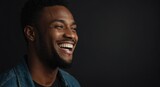 Portrait of attractive handsome black african model guy optimistic happy laughing on plain bright black background from Generative AI