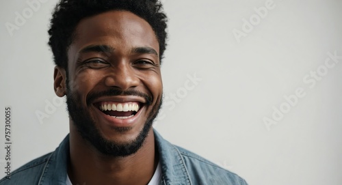 Portrait of attractive handsome black african model guy optimistic happy laughing on plain bright white background from Generative AI