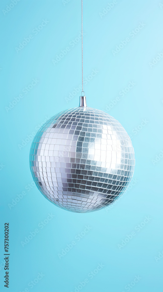 Fototapeta premium Glistering Silver Disco Ball. on blue pastel background