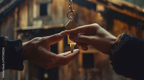 Close-up of handover of house keys against a blurry home background depicts new ownership or rental agreement. symbolic key exchange scene captured in warm tones. AI