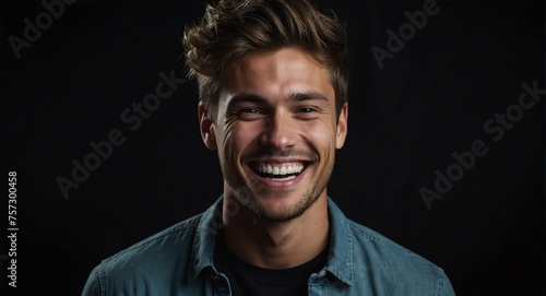 Portrait of attractive handsome guy optimistic happy laughing on plain black background from Generative AI