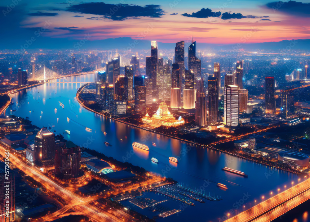 Fototapeta premium City skyline at night, with a large illuminated and a river sparkling below