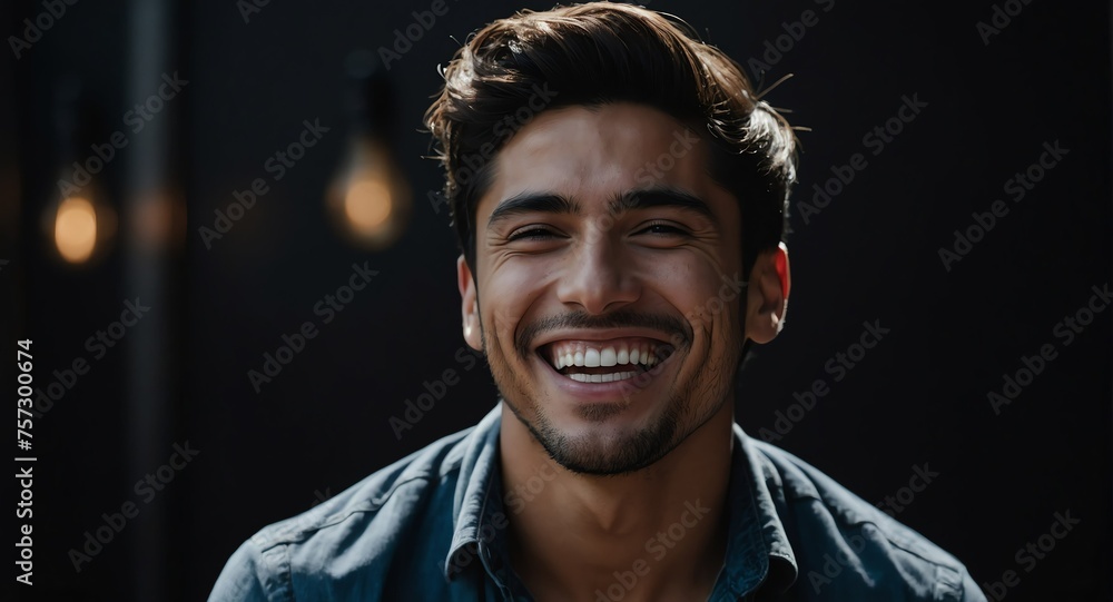 Portrait of attractive handsome jhispanic guy optimistic happy laughing on plain bright black background from Generative AI - obrazy, fototapety, plakaty 