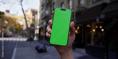 Hand holding a smartphone with a green screen on an urban city street background