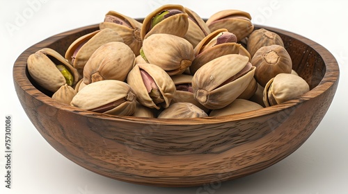 Fresh unshelled pistachios in a wooden bowl on a white background. nutritious snack, natural food, healthy diet concept. AI