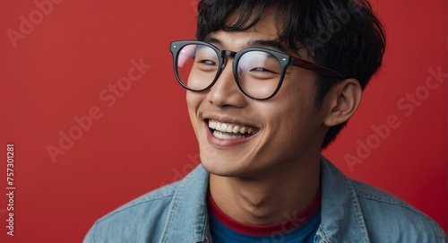 Portrait of attractive handsome nerdy korean guy optimistic happy laughing on plain bright black background from Generative AI