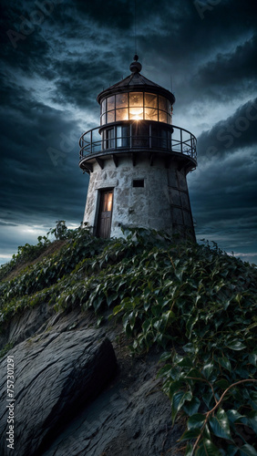 A lighthouse is lit up against a cloudy sky