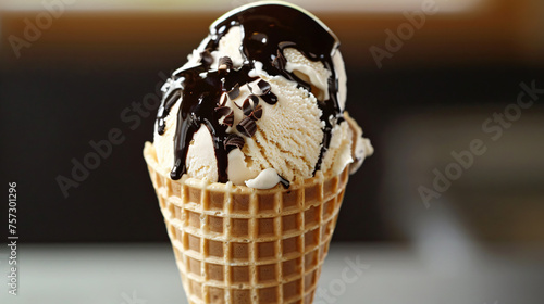 Vanilla ice cream with chocolate syrup in cone