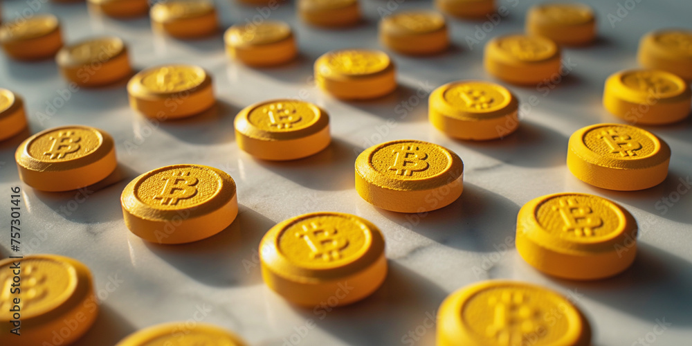 Bitcoins coins stack as pills, concept of stock market exchange or financial technology. Pills tab to don't be poor concept. - obrazy, fototapety, plakaty 