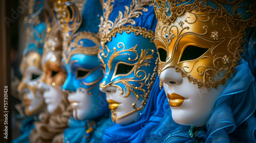 Row of venetian masks in gold and blue. generative ai ai