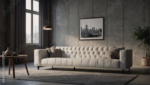 A white tufted sofa paired with a rustic cabinet against a concrete wall adorned with an art poster, illustrating a minimalist and urban aesthetic in home interior design. photo