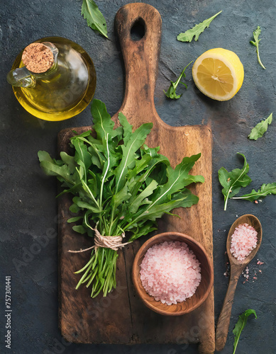 Top view of bunch of fresh arugula herb leaves, bottle of olive oil, salt and lemon on a rustic wooden cutting board,