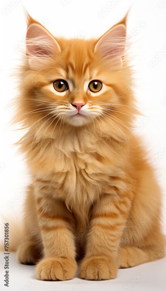 Obraz premium Fluffy adorable kitten illustration on white backdrop, charming feline pet portrait