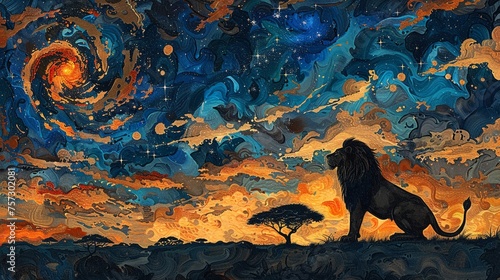 Cosmic Wilderness Lion Roaring Under Starry Night Sky with Swirling Nebula and Galactic Colors
