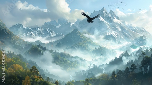 Majestic Mountain Peaks with Soaring Eagle in Misty Alpine Landscape Illuminated by Morning Light