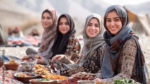 Group of Women Enjoying a Traditional Meal Outdoors
