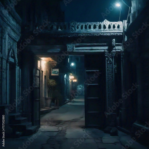 Night dark street of the city and open doors in  in Jaipur, Rajasthan, India © Arda ALTAY