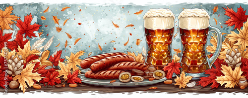 Festive background for beer festival with leaves, beer, snacks.