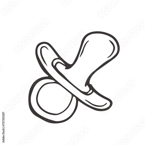 Hand drawn icon of baby pacifier dummy in doodle style isolated on white background.