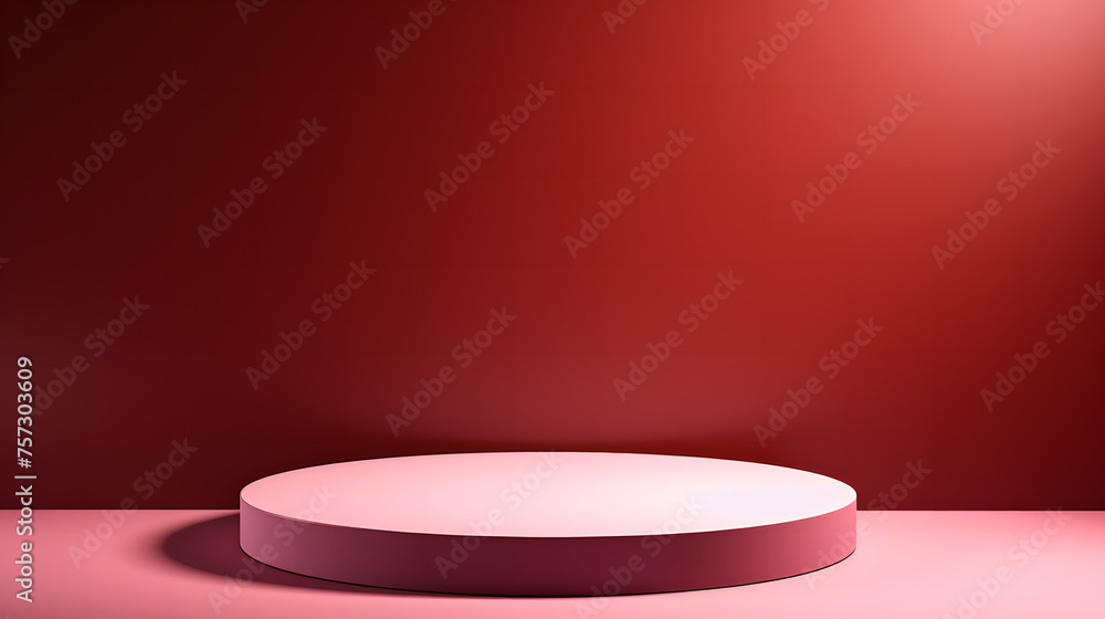 A visually soothing image depicting a soft reddish-pink background with a minimalist white circular pedestal, product presentations A visually soothing image depicting a soft reddish-pink background with a minimalist white circular pedestal, product presentations